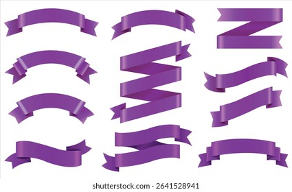 Vector Realistic 3d Ribbons and tags set. Cartoon 3d violet ribbons collection on white background. Trendy design element, decorative sticker. Cute folded ribbon for sale banner, advert, game, app.