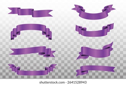 Vector Realistic 3d Ribbons and tags set. Cartoon 3d violet ribbons collection on white background. Trendy design element, decorative sticker. Cute folded ribbon for sale banner, advert, game, app.