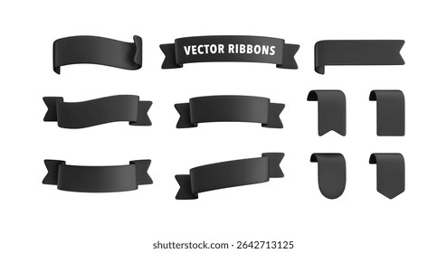 Vector Realistic 3d Ribbons and tags set. Cartoon 3d blue ribbons collection on white background. Vintage design element, decorative sticker. Cute folded ribbon for sale banner, advert, game, app