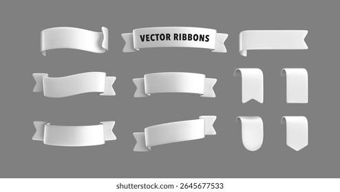 Vector Realistic 3d Ribbons and tags set. Cartoon 3d white ribbons collection on grey background. Vintage design element, decorative sticker. Cute folded ribbon for sale banner, advert, game, app.