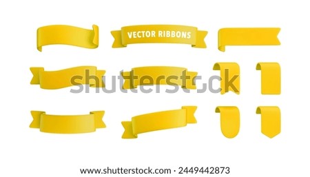 Vector Realistic 3d Ribbons and tags set. Cartoon 3d yellow ribbons collection on white background. Vintage design element, decorative sticker. Cute folded ribbon for sale banner, advert, game, app