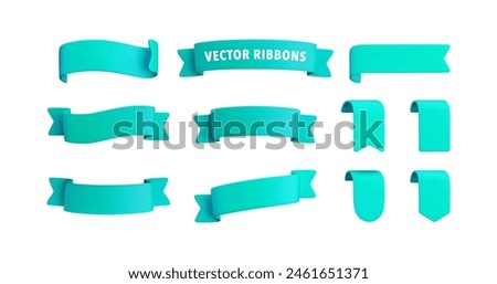 Vector Realistic 3d Ribbons and tags set. Cartoon 3d turquoise ribbons collection on white background. Vintage design element, decorative sticker. Cute folded ribbon for sale banner, advert, app, game