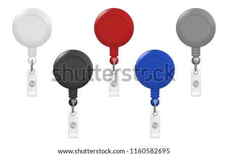 Vector realistic 3d round reel holder clip for graphic Id Card badge set closeup isolated on white background. Design template for mockup