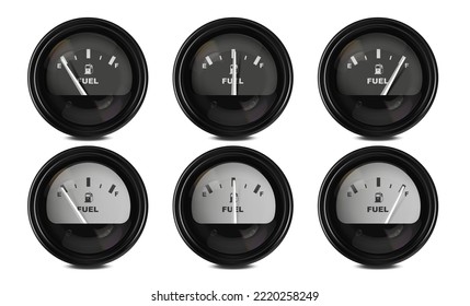 Conjunto de indicadores de nivel de combustible 3D realistas para vectores en el automóvil.