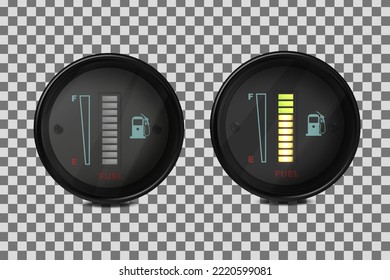 Conjunto de indicadores de nivel de combustible 3D realistas en vectores en un automóvil. Ilustración sobre un fondo transparente.