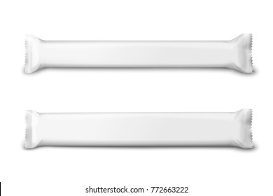 Vector realistic 3d set of long white snack or candies sachets.  Mock-up for product package branding.