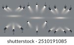 Vector realistic 3D set of studio spotlights or stage lights. Photo spot, projector, standing lamps isolated on dark transparent background