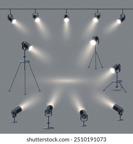 Vector realistic 3D set of studio spotlights or stage lights. Photo spot, projector, standing lamps.