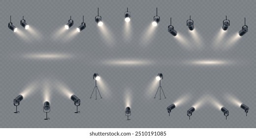 Vector realistic 3D set of studio spotlights or stage lights. Photo spot, projector, standing lamps isolated on dark transparent background