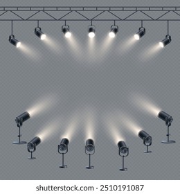 Vector realistic 3D set of studio spotlights or stage lights. Photo spot, projector, standing lamps.