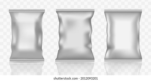 Juego de bolsitas de aperitivos blancos o caramelos realistas en 3d. Maquinaria para la marca de paquetes de productos.