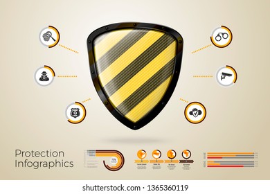 Vector realistic 3d shield with business infographics, icons and charts isolated on bright background.