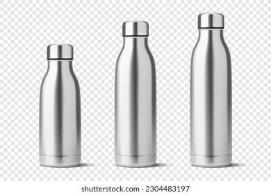 Vector Realistic 3d Silver Chrome Steel Empty Glossy Metal Reusable Water Bottle with Silver Bung Set Closeup Isolated. Design template of Packaging Mockup. Front View