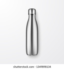 Vector Realistic 3d Silver Empty Glossy Metal Reusable Water Bottle With Silver Bung Closeup On White Background. Design Template Of Packaging For Mock Up, Package, Advertising, Logo. Top View