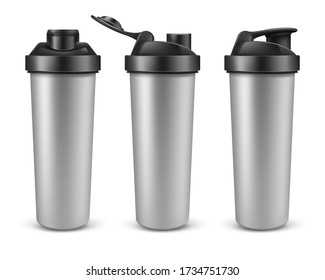 Vector Realistic 3d Silver Empty Shaker For Sports Nutrition, Gainer Or Whey Protein In Different Angles. Plastic Drink Bottle, Mixer Isolated On White Background. Shaker For Gym Bodybuilding.