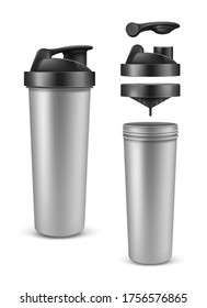 Vector Realistic 3d Silver Shaker With Open Cap For Sports Nutrition, Gainer Or Whey Protein. Plastic Drink Bottle Or Mixer, Isolated On White Background. Accessory For Gym Bodybuilding, Gymnasium