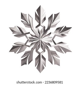 Vector realistic 3d silver snowflake for winter holiday design. 3d render vector flake. Winter seasonal decoration made of palladium. Christmas, new year holiday snowflake star 3d digital art.