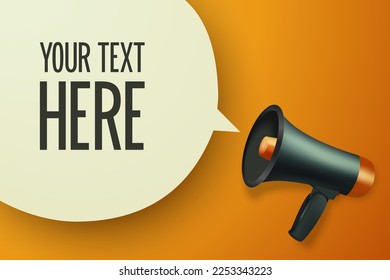 Vector Realistic 3d Simple Black Megaphone with Speech Buble on Orange Background. Design Template, Banner, Web. Speaker Sign. Announcement, Attention Concept