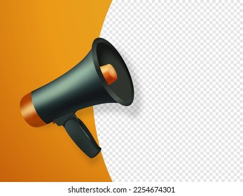 Vector Realistic 3d Simple Black Megaphone with Speech Buble on Orange Background. Design Template, Banner, Web. Speaker Sign with Place for Text, Copy Space. Announcement, Attention Concept