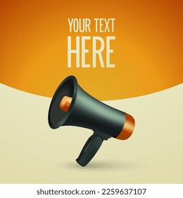 Vektorrealistische 3d einfache schwarze Megaphone mit Sprachknopf auf orangefarbenem Hintergrund. Vorlage, Banner, Web gestalten. Lautsprecher Unterschreiben mit Platz für Text, Kopienraum. Ankündigung, Aufmerksamkeitskonzept