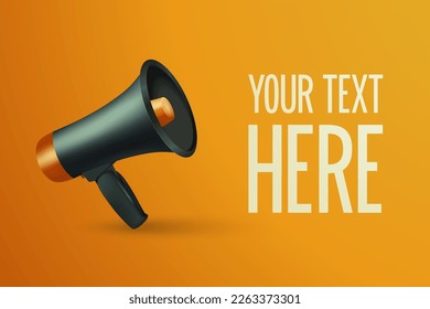 Vector Realistic 3d Simple Black Megaphone with Speech Buble on Orange Background. Design Template, Banner, Web. Speaker Sign with Place for Text, Copy Space. Announcement, Attention Concept