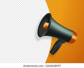Vector Realistic 3d Simple Black Megaphone with Speech Buble on Orange Background. Design Template, Banner, Web. Speaker Sign with Place for Text, Copy Space. Announcement, Attention Concept