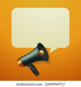 Vector Realistic 3d Simple Black Megaphone with Speech Buble on Orange Background. Design Template, Banner, Web. Speaker Sign with Place for Text, Copy Space. Announcement, Attention Concept