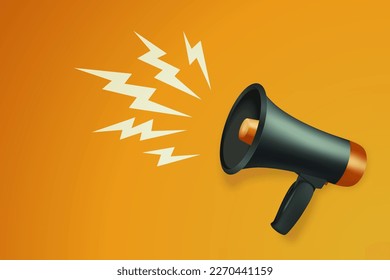 Vector Realistic 3d Simple Black Megaphone With Lightning on Orange Background. Design Template, Banner, Web. Speaker Sign, Announcement, Attention Concept