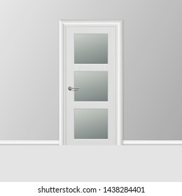 Vector Realistic 3d Simple Modern White Closed Door with Frame on Grey Wall in the Empty Room. Interior Design Element. Design Template for Graphics