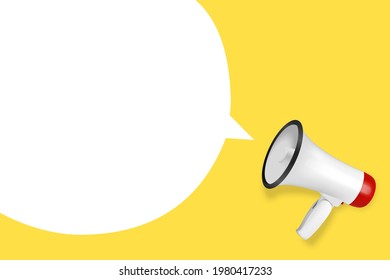 Vector Realistic 3d Simple White Megaphone with Speech Buble on Yellow Background. Design Template, Banner, Web. Speaker Sign. Announcement, Attention Concept