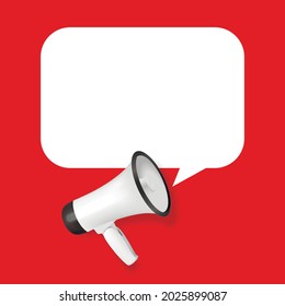 Vector Realistic 3d Simple White Megaphone with Speech Buble on Red Background. Design Template, Banner, Web. Speaker Sign. Announcement, Attention Concept