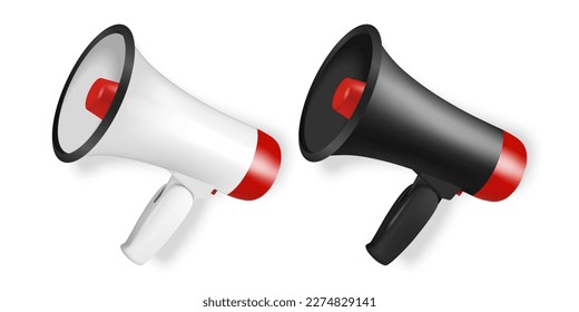Vector Realistic 3d Simple White and Black Megaphone Icon Set Closeup Isolated on White Background. Design Template, Banner, Web. Speaker Design Template. Announcement, Attention Concept