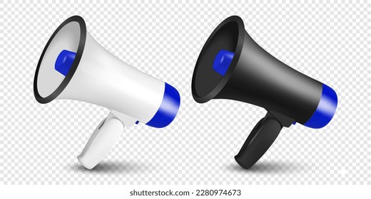 Vector Realistic 3d Simple White and Black Megaphone Icon Set Closeup Isolated. Design Template, Banner, Web. Speaker Design Template. Announcement, Attention Concept