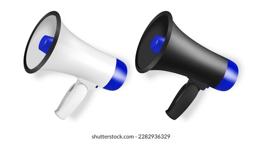 Vector Realistic 3d Simple White and Black Megaphone Icon Set Closeup Isolated. Design Template, Banner, Web. Speaker Design Template. Announcement, Attention Concept