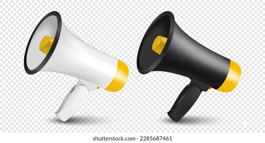 Vector Realistic 3d Simple White and Black Megaphone Icon Set Closeup Isolated. Design Template, Banner, Web. Speaker Design Template. Announcement, Attention Concept