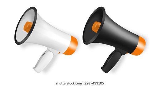 Vector Realistic 3d Simple White and Black Megaphone Icon Set Closeup Isolated. Design Template, Banner, Web. Speaker Design Template. Announcement, Attention Concept