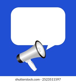 Image vectorielle Mégaphone blanc simple 3d réaliste avec bulle de parole sur fond bleu. Template de conception, Bannière, Web. Enseigne du haut-parleur. Annonce, concept d'attention