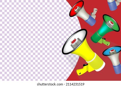 Vector Realistic 3d Simple yellow megaphones on a red-transparent background. Design Template, Banner, Web. Speaker's sign. Announcement, The Concept Of Attention