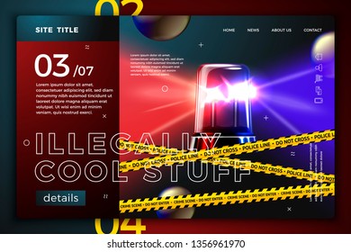 Vector realistic 3d site template with police flasher on dark modern background. Mock-up for product package branding.
