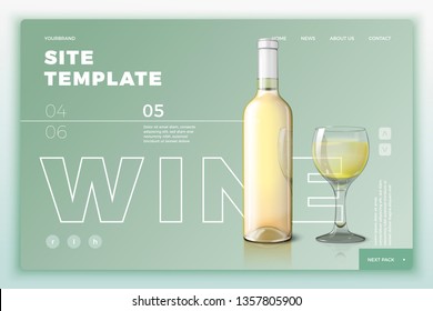 Vector realistic 3d site template with wine bottle and glass on bright modern background. Mock-up for product package branding.