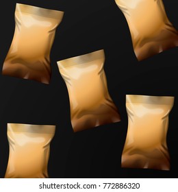 Vector realistic 3d snack or candies sachet - golden on black background.  Mock-up for product package branding.