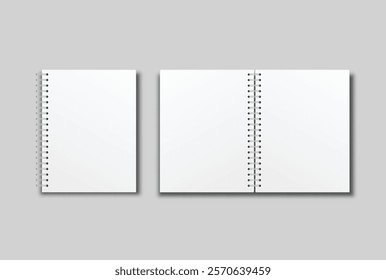 Vector realistic 3d spiral notebook mockup with white blank paper isolated on background. For the business presentation journal, notepad, booklet, catalogue, publisher, advertising corporate
