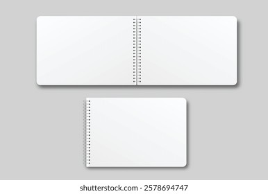 Vector realistic 3d spiral notebook mockup with white blank paper isolated on background. For the business presentation journal, notepad, booklet, catalogue, publisher, advertising corporate
