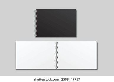 Vector realistic 3d spiral notebook mockup with white blank paper isolated on background. For the business presentation journal, notepad, booklet, catalogue, publisher, advertising corporate
