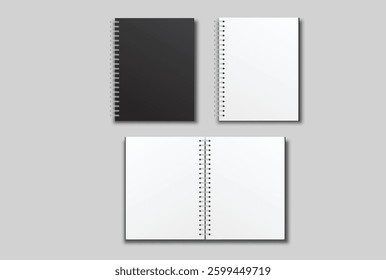 Vector realistic 3d spiral notebook mockup with white blank paper isolated on background. For the business presentation journal, notepad, booklet, catalogue, publisher, advertising corporate
