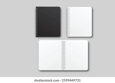 Vector realistic 3d spiral notebook mockup with white blank paper isolated on background. For the business presentation journal, notepad, booklet, catalogue, publisher, advertising corporate

