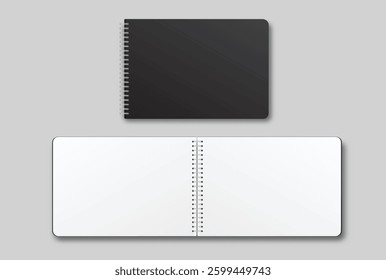 Vector realistic 3d spiral notebook mockup with white blank paper isolated on background. For the business presentation journal, notepad, booklet, catalogue, publisher, advertising corporate

