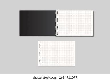 Montagem de folhas de caderno espiral 3d realista do vetor com página de fichário de papel para memorandos, isolados. Para o diário de apresentação comercial, bloco de notas, livreto, catálogo, editor, publicidade corporativa
