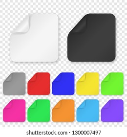 Vector Realistic 3d Square Adhesive Colored Blank Paper Sticker Icon Set Closeup Isolated on Transparent Background. Design Template of Paper Banners for Mockup, Price Tags, Labels