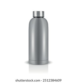 Vector Realistic 3D Steel Blank Glossy Reusable Water Bottle with Silver Bung Closeup Isolated. Design Template of Packaging Mockup. Front View